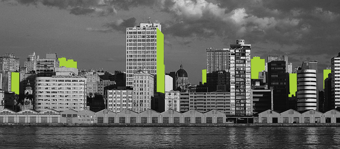 Skyline de Porto Alegre destacada em verde, vista a partir do Guaíba